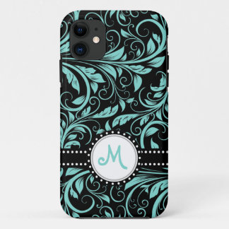 Aqua blauw en zwart damast met monogram Case-Mate iPhone case