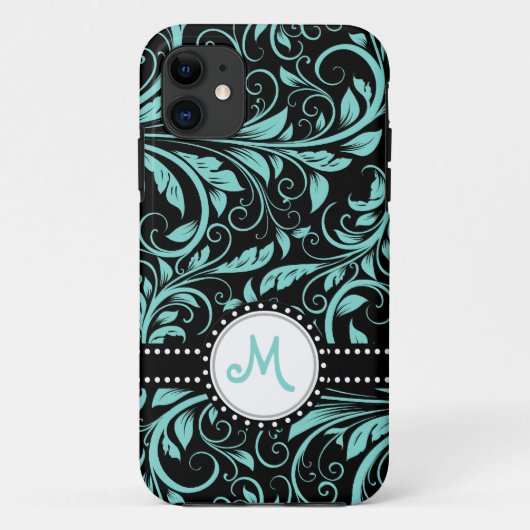 Aqua blauw en zwart damast met monogram Case-Mate iPhone case (Achterkant)