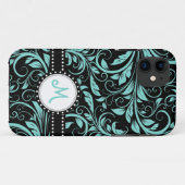 Aqua blauw en zwart damast met monogram Case-Mate iPhone case (Achterkant (horizontaal))