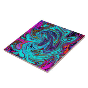 Aqua Blauw en Zwarte Groovy Abstracte Retro Kunst Tegeltje