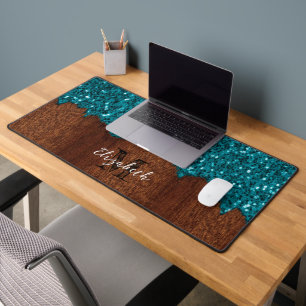 Aqua blauw faux schittert rustiek hout Monogram Bureaumat