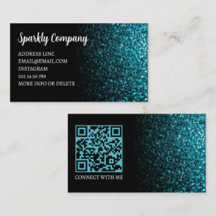 Aqua blauw faux sparkle zwart elegante QR-code Visitekaartje