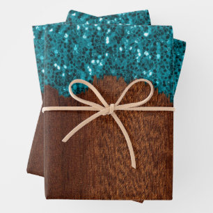 Aqua blauw faux sparkles bling rustiek hout inpakpapier vel