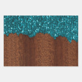 Aqua blauw faux sparkles bling rustiek hout inpakpapier vel (Voorkant)