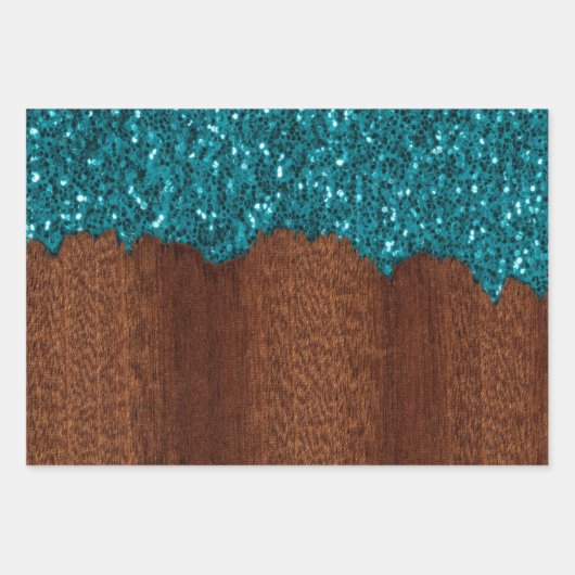 Aqua blauw faux sparkles bling rustiek hout inpakpapier vel (Voorkant)