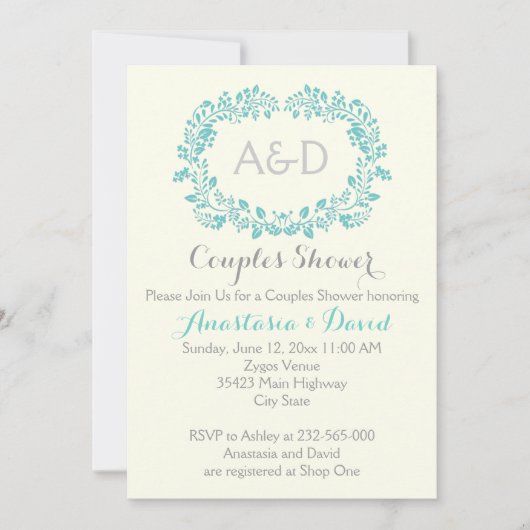 Aqua blauw gebladerte initialen bruiloft koppels d kaart (Voorkant)