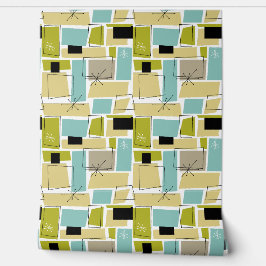 Aqua Blauw Geel Abstract Rechthoeken Mid Century Behang