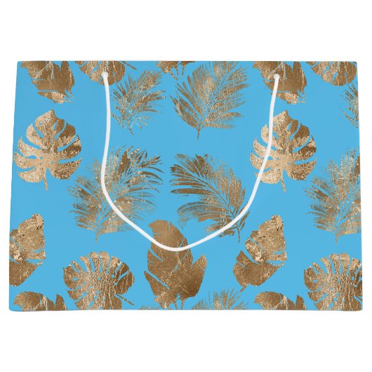 Aqua Blauw Goud Tropische bladeren Groot Cadeauzakje (Voorkant)