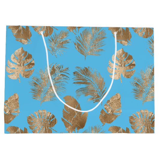 Aqua Blauw Goud Tropische bladeren Groot Cadeauzakje (Achterkant)