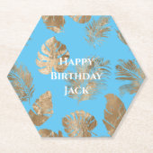 Aqua Blauw Goud Tropische bladeren Kartonnen Onderzetters (Voorkant)