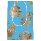 Aqua Blauw Goud Tropische bladeren Medium Cadeauzakje (Voorkant)