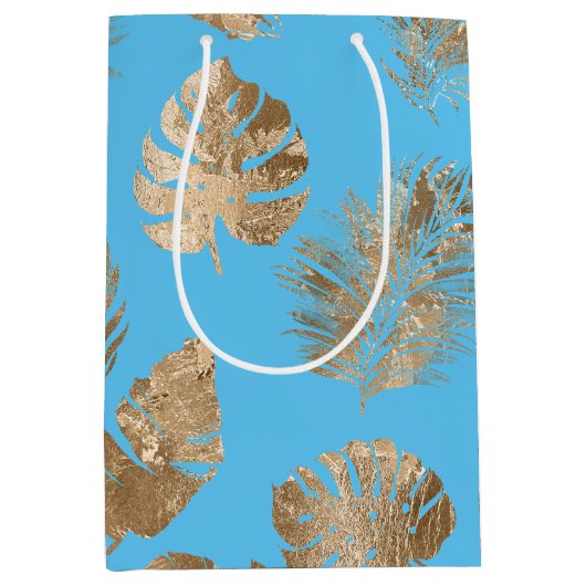 Aqua Blauw Goud Tropische bladeren Medium Cadeauzakje (Voorkant)