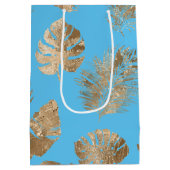 Aqua Blauw Goud Tropische bladeren Medium Cadeauzakje (Achterkant)