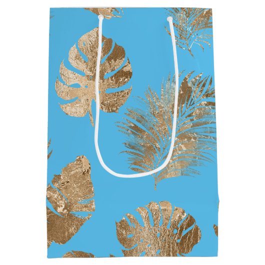 Aqua Blauw Goud Tropische bladeren Medium Cadeauzakje (Achterkant)