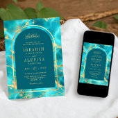 Aqua Blauw Goud Water Arch Moslim Bruiloft Kaart