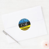 AQUA BLAUW GOUD ZWART WIT DAMASK MONOGRAM RONDE STICKER (Envelop)