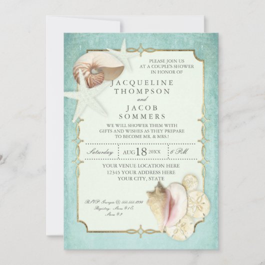 Aqua Blauw Gouden Rol Strand Oceaan Schelp Zeester Kaart (Voorkant)