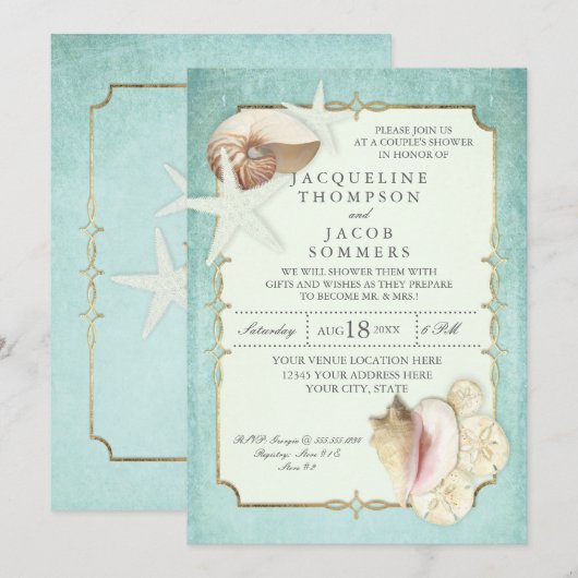 Aqua Blauw Gouden Rol Strand Oceaan Schelp Zeester Kaart (Voorkant / Achterkant)