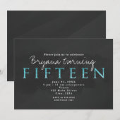 Aqua Blauw & Grijs 15TH 15 Verjaardagsfeestuitnodi Kaart (Voorkant / Achterkant)