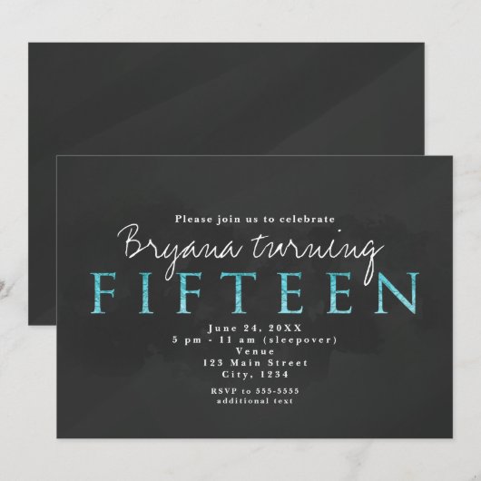 Aqua Blauw & Grijs 15TH 15 Verjaardagsfeestuitnodi Kaart (Voorkant / Achterkant)