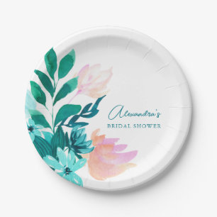 Aqua Blauw Groen Aquarel Bloemachtige Bruiloft Fee Papieren Bordje