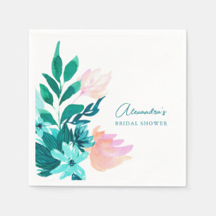 Aqua Blauw Groen Aquarel Bloemachtige Bruiloftsdou Servet
