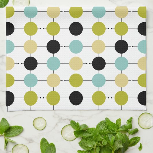 Aqua Blauw Groen Gele Cirkels op Zwarte Lijnen Theedoek (Gevouwen)