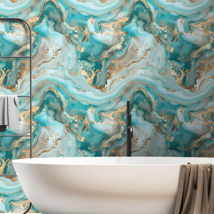 Aqua Blauw Groen Goud Gemarmerd Behang