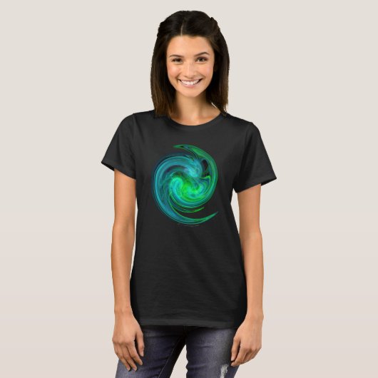 AQUA BLAUW GROEN LICHT VORTEX Fractal Swirl Zwart T-shirt (Voorkant volledig)