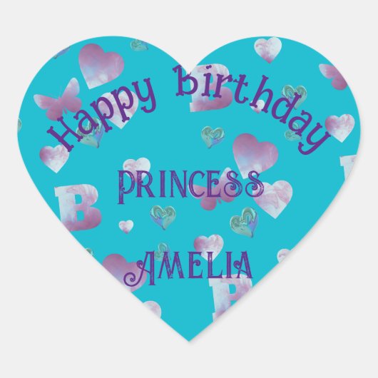 Aqua/blauw-groen, roze harten & vlinders ballon hart sticker (Voorkant)