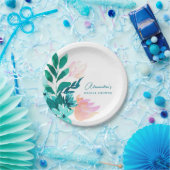 Aqua Blauw Groene Aquarel Bloemrijke Bruidsdouche Papieren Bordje (Feest)