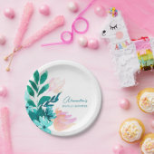 Aqua Blauw Groene Aquarel Bloemrijke Bruidsdouche Papieren Bordje (Feest)