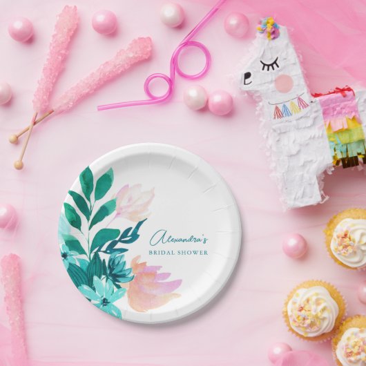 Aqua Blauw Groene Aquarel Bloemrijke Bruidsdouche Papieren Bordje (Feest)