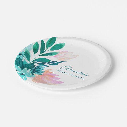 Aqua Blauw Groene Aquarel Bloemrijke Bruidsdouche Papieren Bordje (Gekanteld)