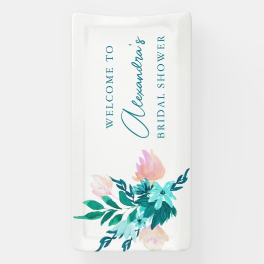 Aqua Blauw Groene Waterverf Bloem Bruiloft Feest Spandoek (Verticaal)