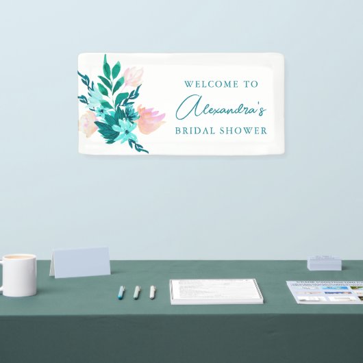 Aqua Blauw Groene Waterverf Bloem Bruiloft Feest Spandoek (Beurs)