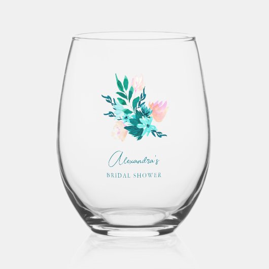 Aqua Blauw Groene Waterverf Bloemachtige Bruiloft  Wijnglas Zonder Voet (Voorkant)