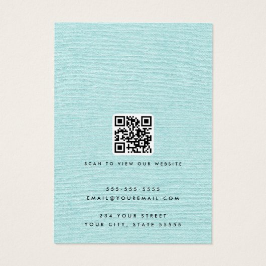 Aqua blauw linnen look logo QR oorbel display kaar Visitekaartje (Achterkant)