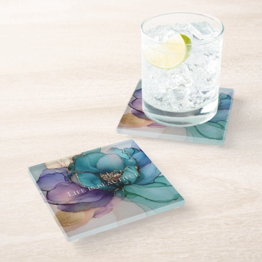 Aqua Blauw Paars Goud Bloem  Glazen Onderzetter (Schuin)