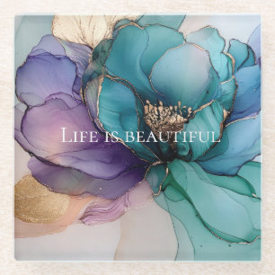 Aqua Blauw Paars Goud Bloem  Glazen Onderzetter