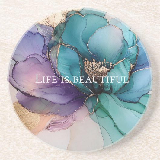 Aqua Blauw Paars Goud Bloem  Zandsteen Onderzetter (Voorkant)