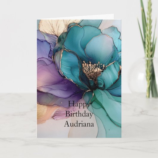 Aqua Blauw Paars Goud Bloemige Verjaardag Kaart (Voorkant)