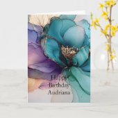 Aqua Blauw Paars Goud Bloemige Verjaardag Kaart (Gele Bloem)
