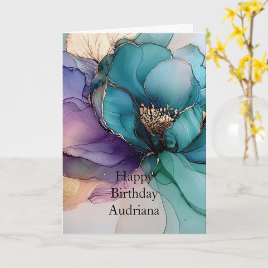Aqua Blauw Paars Goud Bloemige Verjaardag Kaart (Gele Bloem)