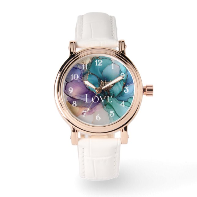  Aqua Blauw Paarse Goud Bloemen Liefde Horloge (Voorkant)