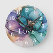  Aqua Blauw Paarse Goud Bloemen Liefde Ronde Klok (Voorkant)