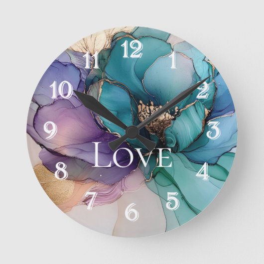  Aqua Blauw Paarse Goud Bloemen Liefde Ronde Klok (Voorkant)