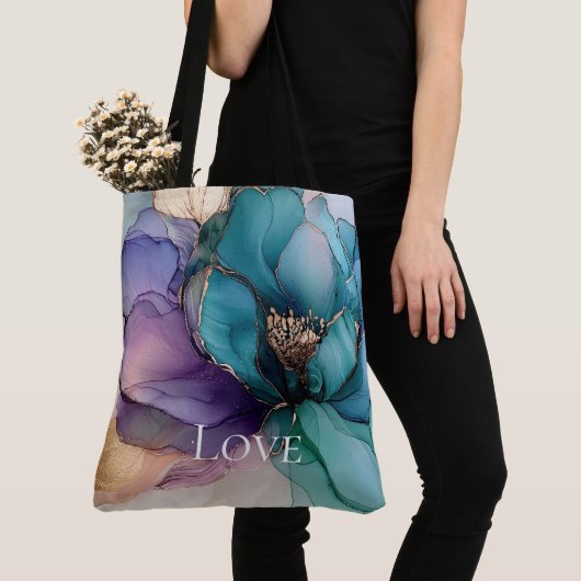 Aqua Blauw Paarse Goud Bloemen Liefde Tote Bag (Dichtbij)