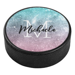 Aqua blauw Roze ombre zee sterrenstelsel abstract  Hockey Puck