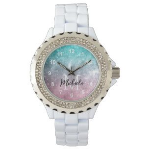 Aqua blauw Roze ombre zee sterrenstelsel abstract  Horloge